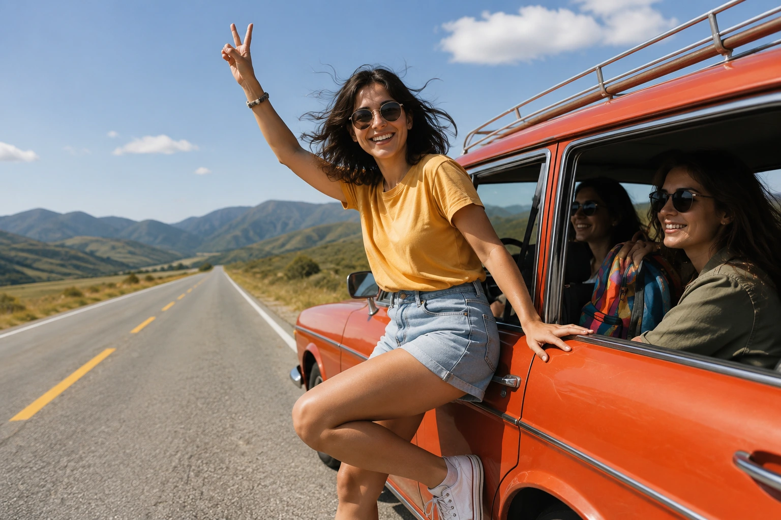 Woman enjoying a road trip with friends - FemiCore gives freedom from constant bathroom breaks