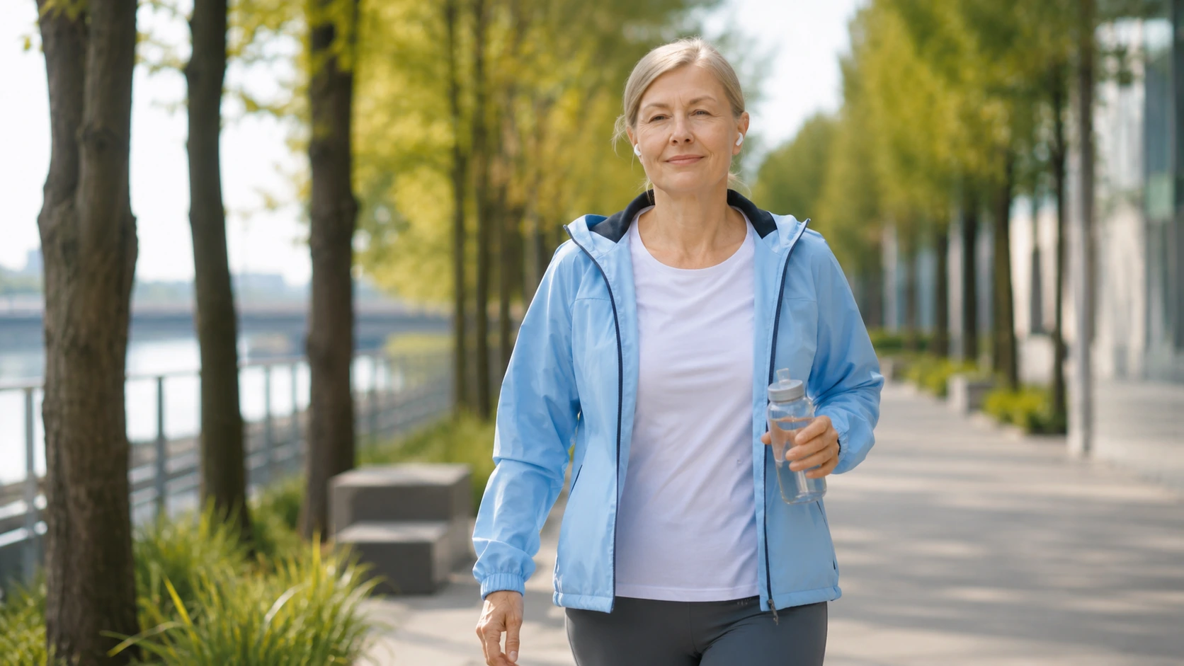 Woman confidently walking outdoors without worry of urinary incontinence thanks to FemiCore