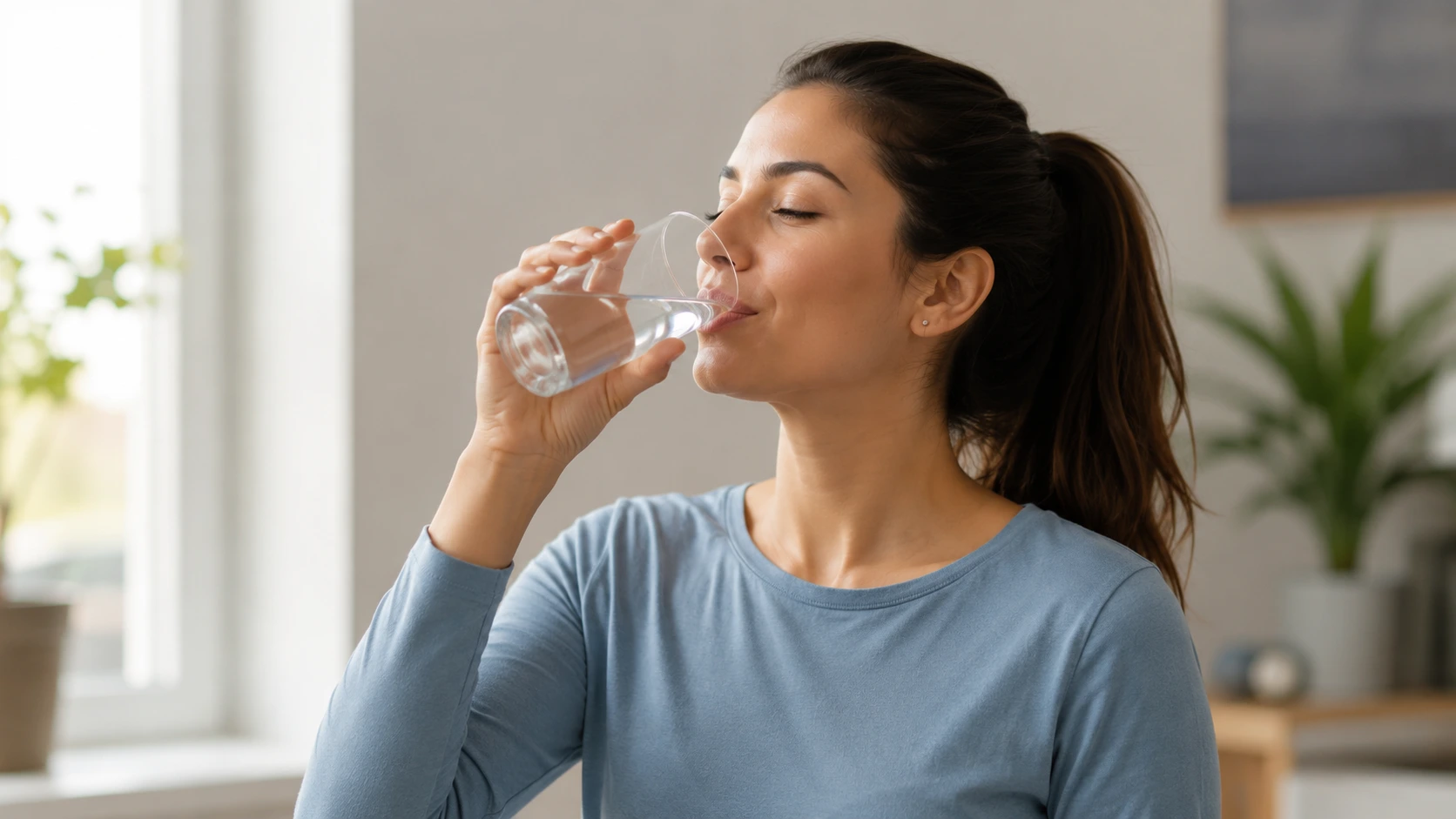 Woman drinking water confidently without fear of bladder leaks - FemiCore restores hydration freedom