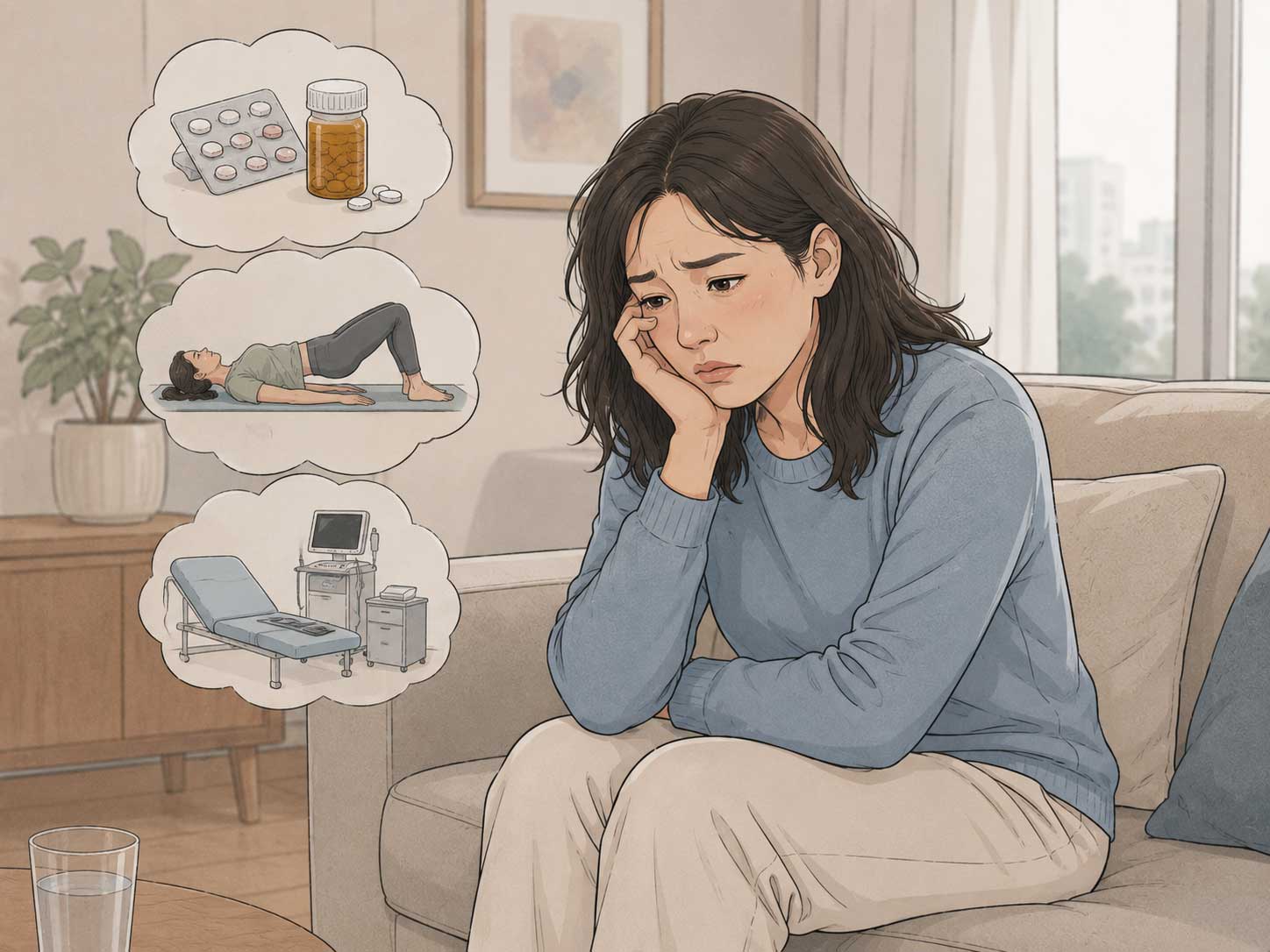 Woman feeling anxious and frustrated about bladder control - FemiCore natural solution