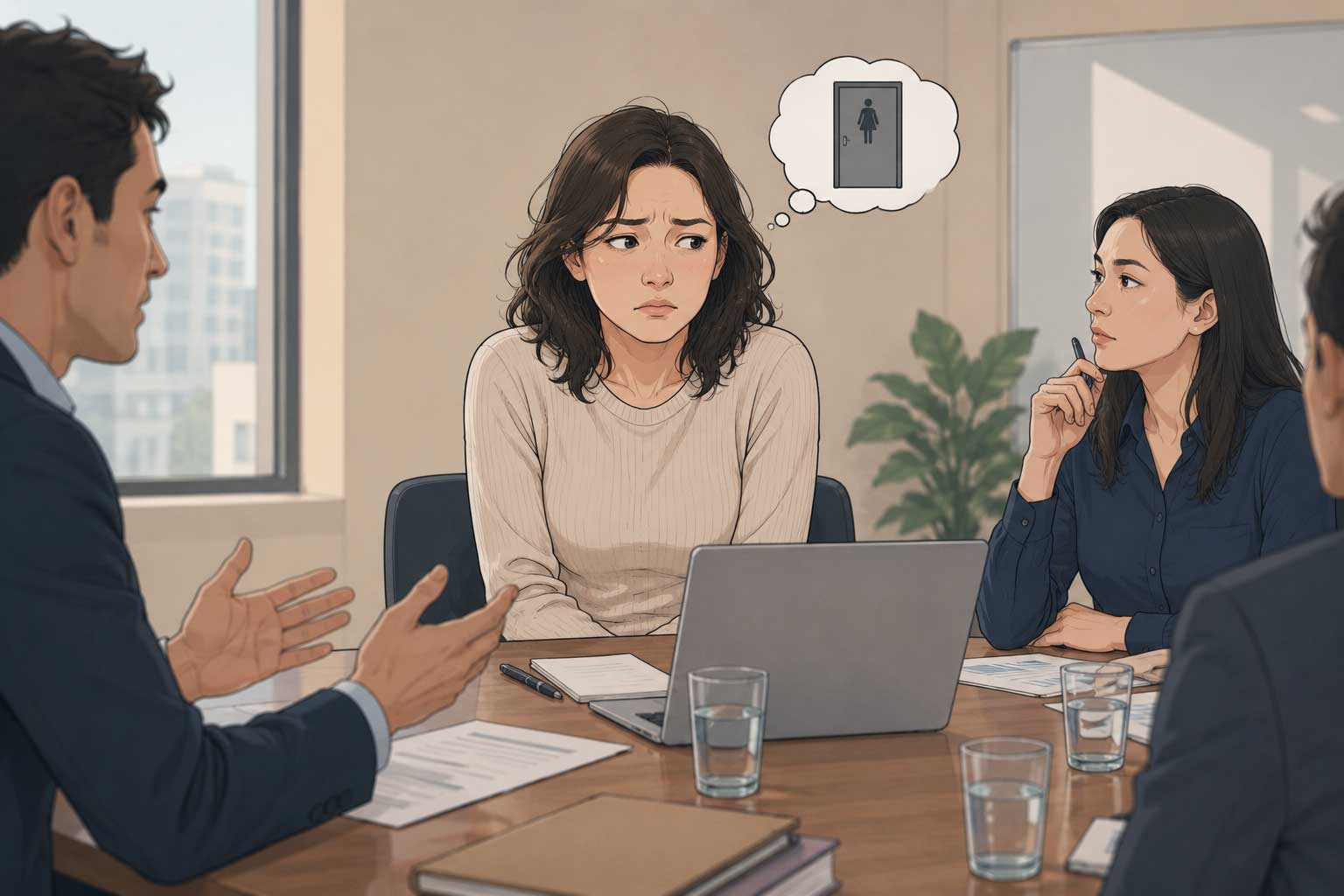 Woman struggling with bladder urgency during a meeting - FemiCore helps stop leaks