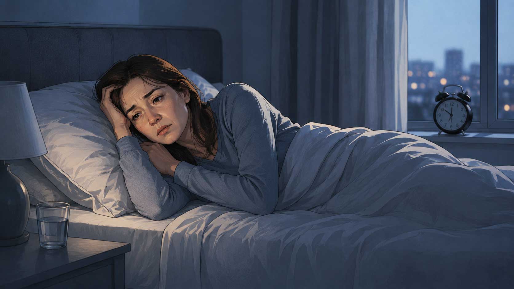 Woman waking up multiple times at night due to overactive bladder - FemiCore promotes restful sleep